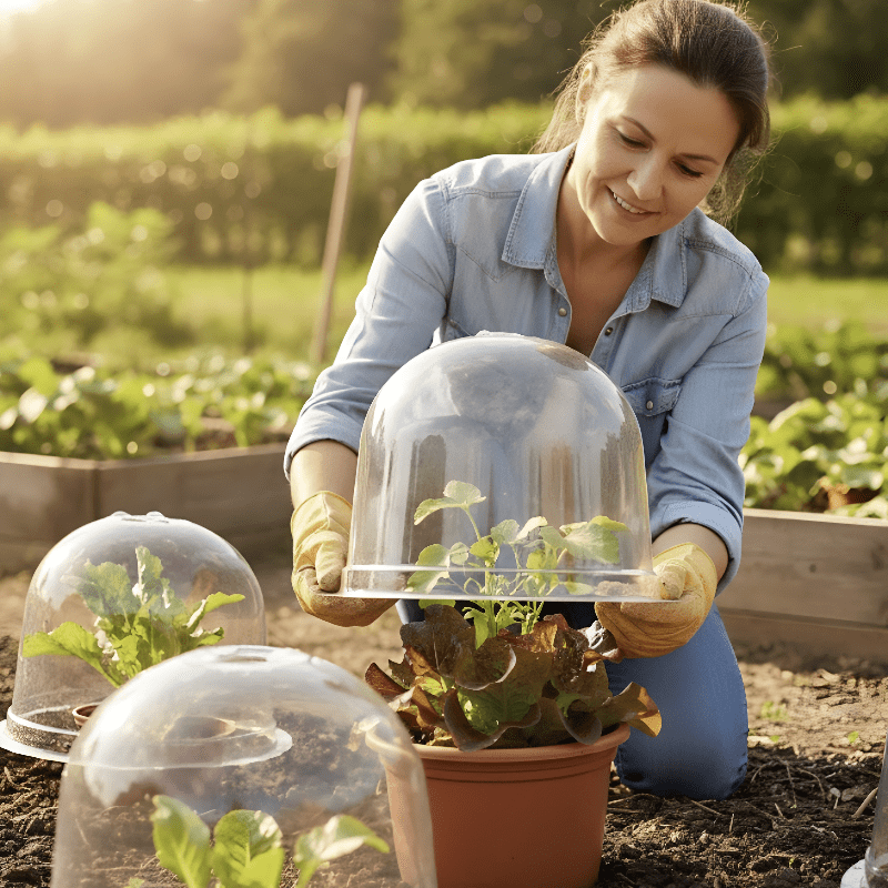 Gaertnerin setzt die Pflanzenschutzhauben auf Jungpflanzen