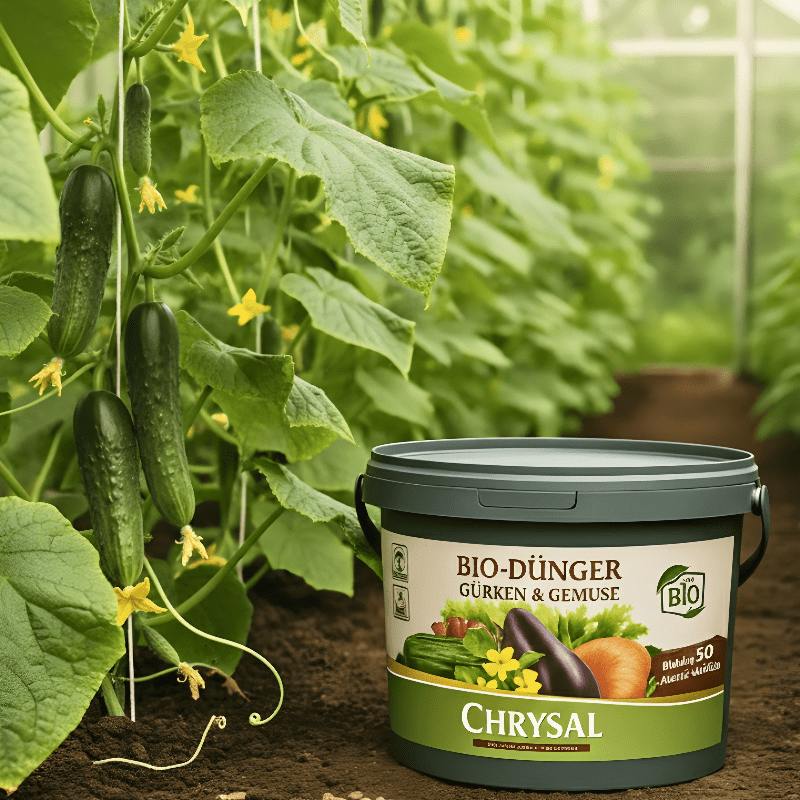 Chrysal Bio Gurken- und Gemüsedünger 1kg Eimer im sonnigen Gewächshaus, umgeben von gesunden Gurkenpflanzen.