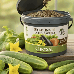 Organischer Langzeitdünger in Pelletform für Gurken – unterstützt die Fruchtbildung und sorgt für eine knackige Ernte.