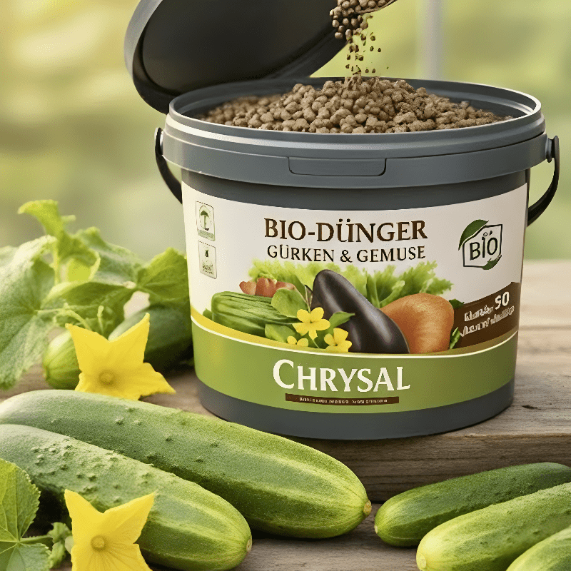Organischer Langzeitdünger in Pelletform für Gurken – unterstützt die Fruchtbildung und sorgt für eine knackige Ernte.