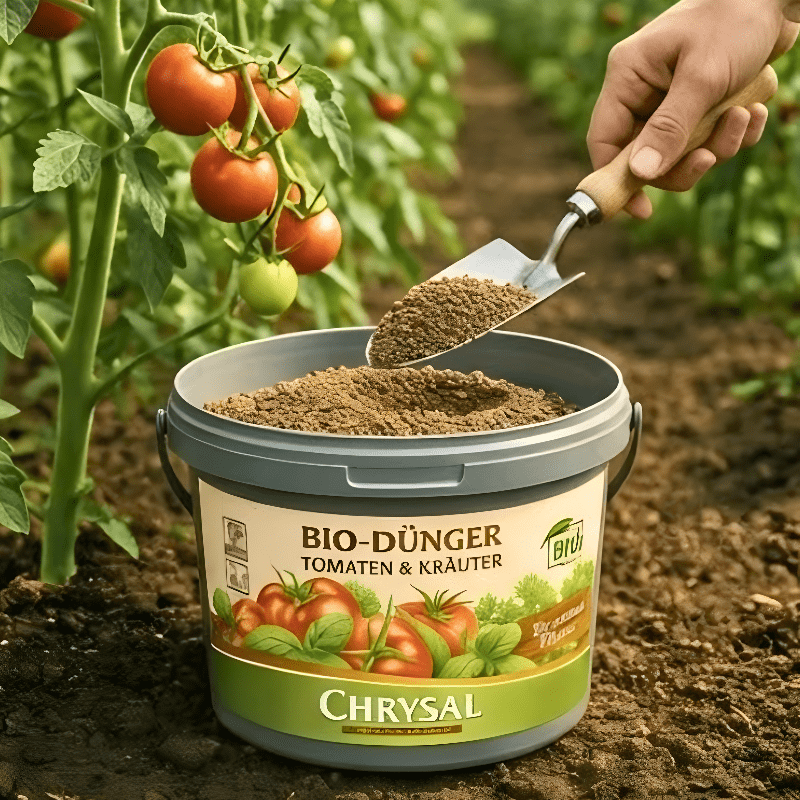 Chrysal Bio Tomaten- & Kräuterdünger 1kg Eimer mit Pellets und Reichweiten-Darstellung für 50 Töpfe.
