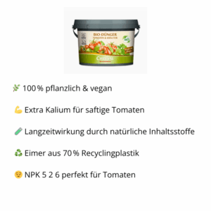 Chrysal Bio-Dünger für Tomaten und Kräuter steht im Gewächshaus zwischen reifen Tomatenpflanzen