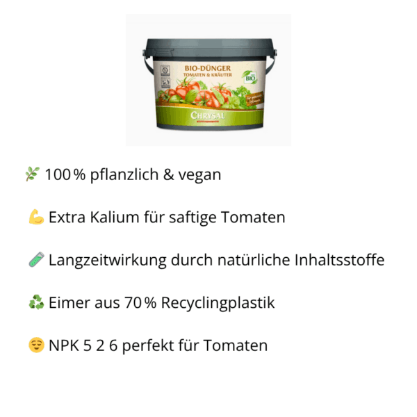 Chrysal Bio-Dünger für Tomaten und Kräuter steht im Gewächshaus zwischen reifen Tomatenpflanzen