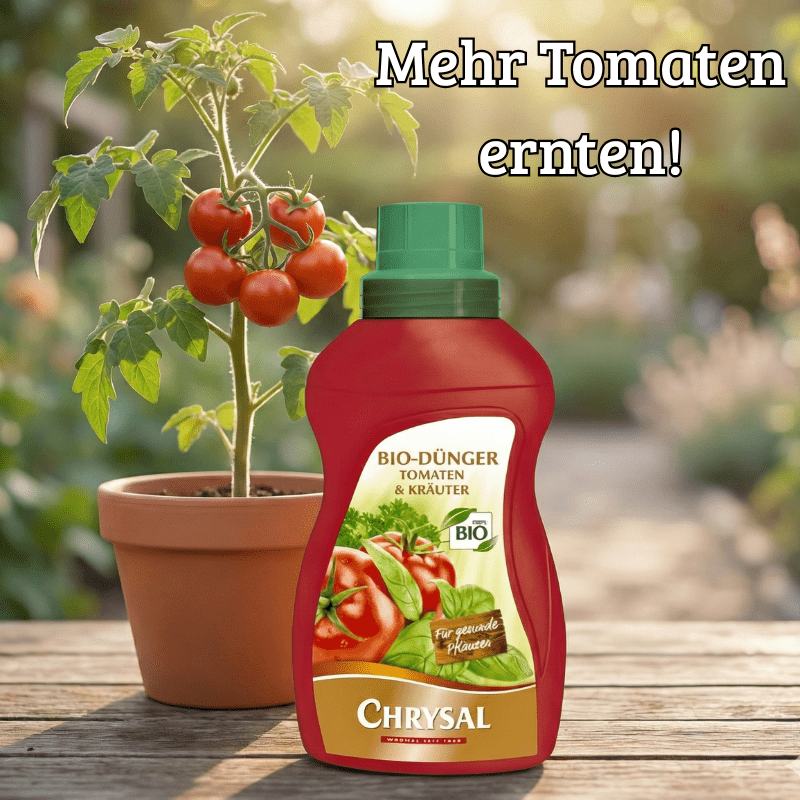 Flüssigtomatendünger steht neben Tomatenpflanze