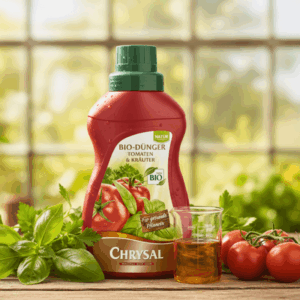 Flüssigtomatendünger steht auf dem Tisch.