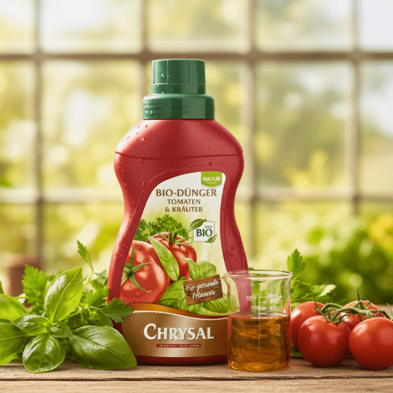 Flüssigtomatendünger steht auf dem Tisch.