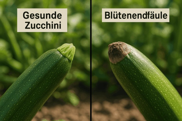 zucchini-bluetenendfaeule-ursachen-vergleich-gesunde-faule-frucht Eine gesunde Zucchini und eine mit Blütenendfäule