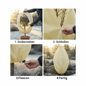 Anwendung der Frostschutzhaube in 4 Schritten: überziehen, Reißverschluss schließen, Kordelzug fixieren, sichern