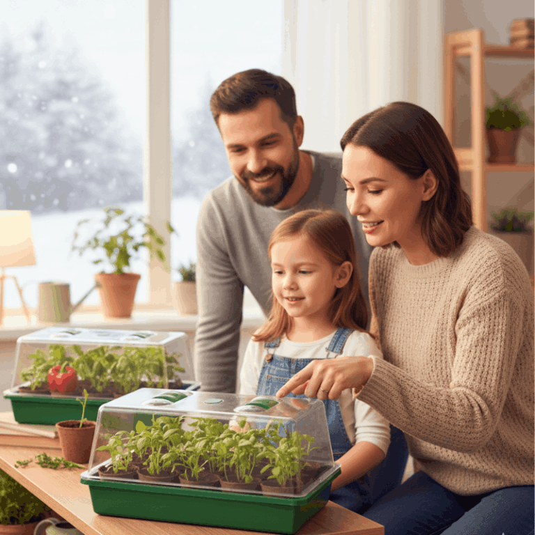 Familie schaut die vorgezogenen Jungpflanzen an.