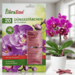 Produktfoto der floraline Orchideen-Düngestäbchen (20 Stück) neben einer blühenden Orchidee auf einem Marmortisch; Fokus auf die 100 Tage Depotwirkung für gesundes Wachstum.