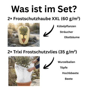 Winterschutz-Set von Outdoorando mit 2× Frostschutzhaube XXL für Kübelpflanzen, Sträucher und Obstbäume sowie 2× Trixi Frostschutzvlies für Wurzelballen, Töpfe und Hochbeete